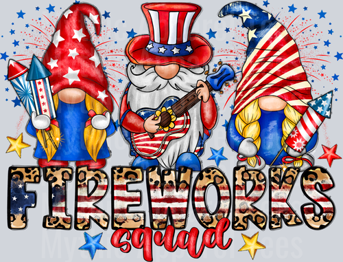 Fireworks Squad Gnome 4th of july DTF Patriotic Transfers