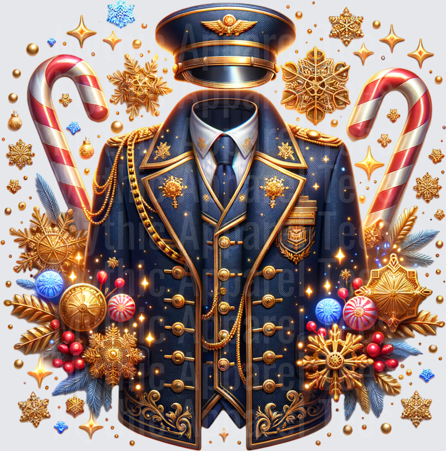 Polar Express Train Conductor Uniform Christmas Holiday Gold Snowflakes Candy Canes Festive Design