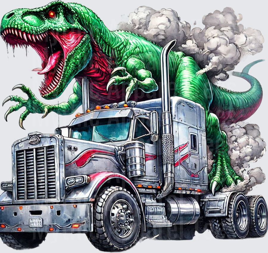 Roaring T-Rex Rising from Semi Truck Exhaust Smoke