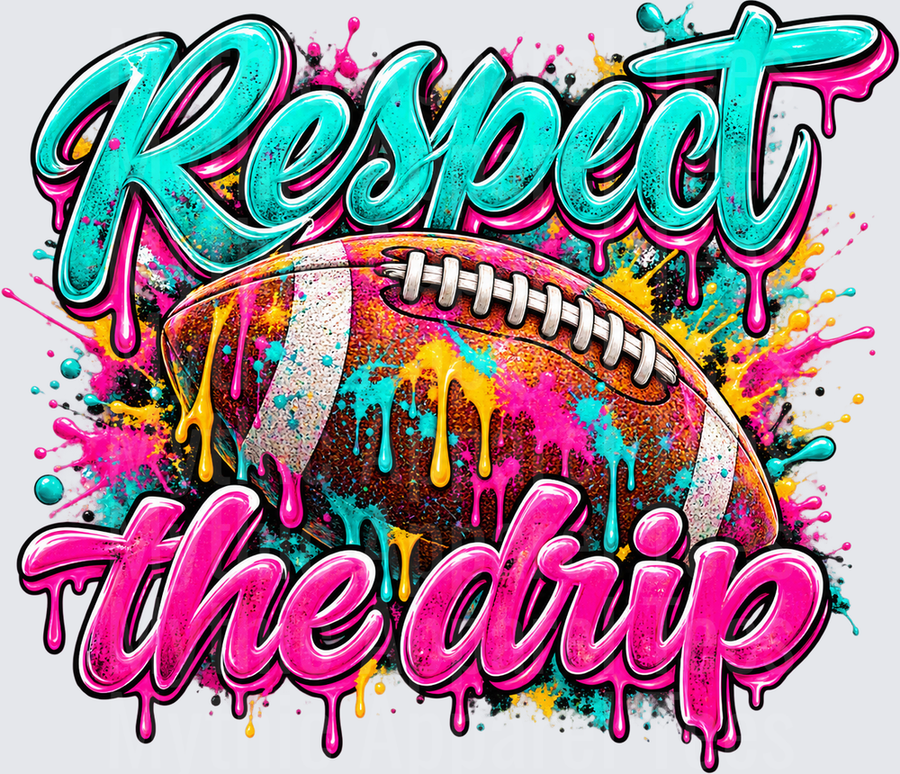 Respect The Drip Colorful Dripping Football with Teal Pink and Yellow Paint Splatter Graffiti Design
