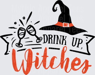 Drink Up Witches Halloween Witch Hat Wine Glass Cheers Banner Design