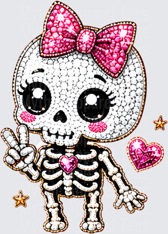 Halloween Bling Rhinestone Girly Skeleton with Pink Bow Peace Sign and Heart Gem Kawaii Sugar Skull