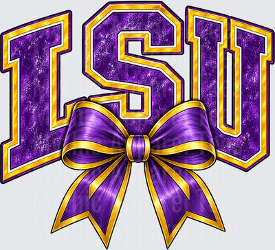 LSU Purple and Gold Glitter Block Letters with Decorative Cheer Bow