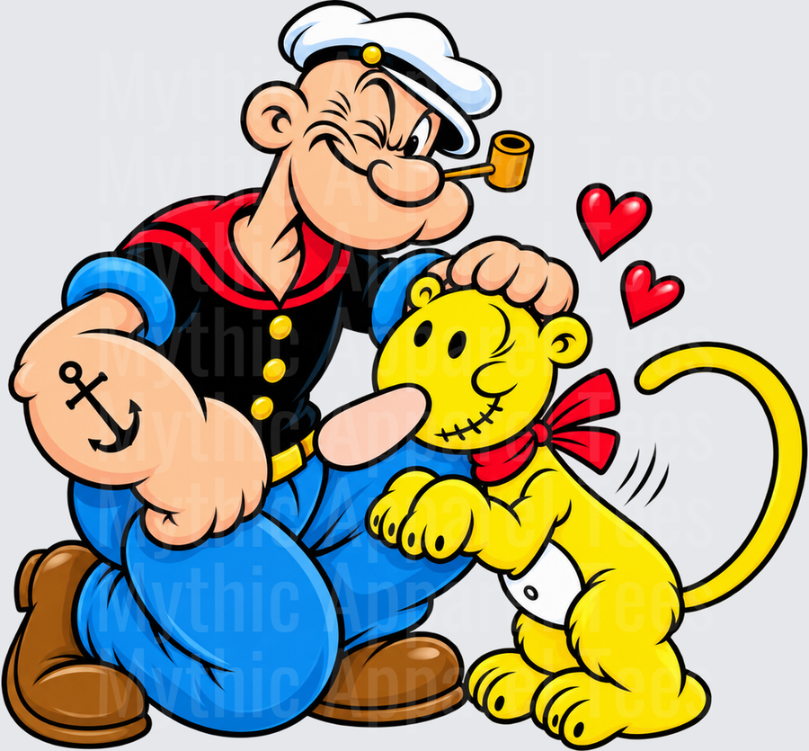 Eugene Jeep and Popeye the Sailor Man Sharing a Loving Moment with Red Hearts and Anchor Tattoo Detail