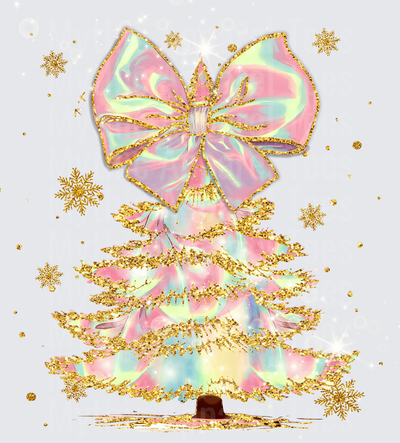 Holographic Pastel Christmas Tree with Gold Glitter Bow and Snowflakes