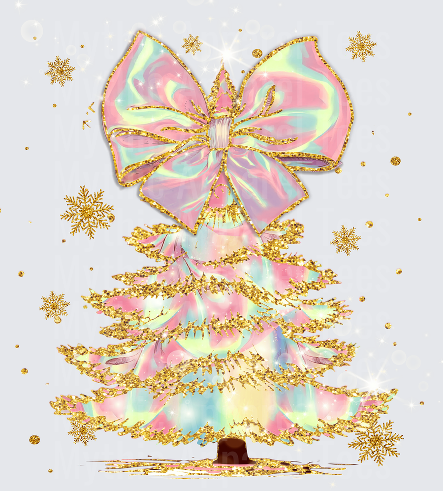 Holographic Pastel Christmas Tree with Gold Glitter Bow and Snowflakes
