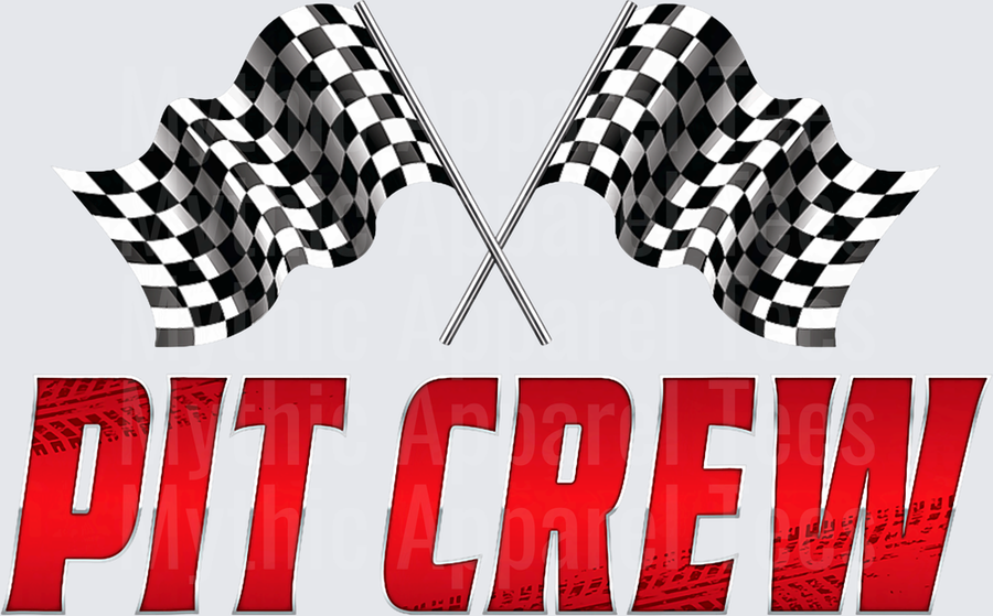 Crossed Checkered Racing Flags Pit Crew Bold Red Tire Tread Text