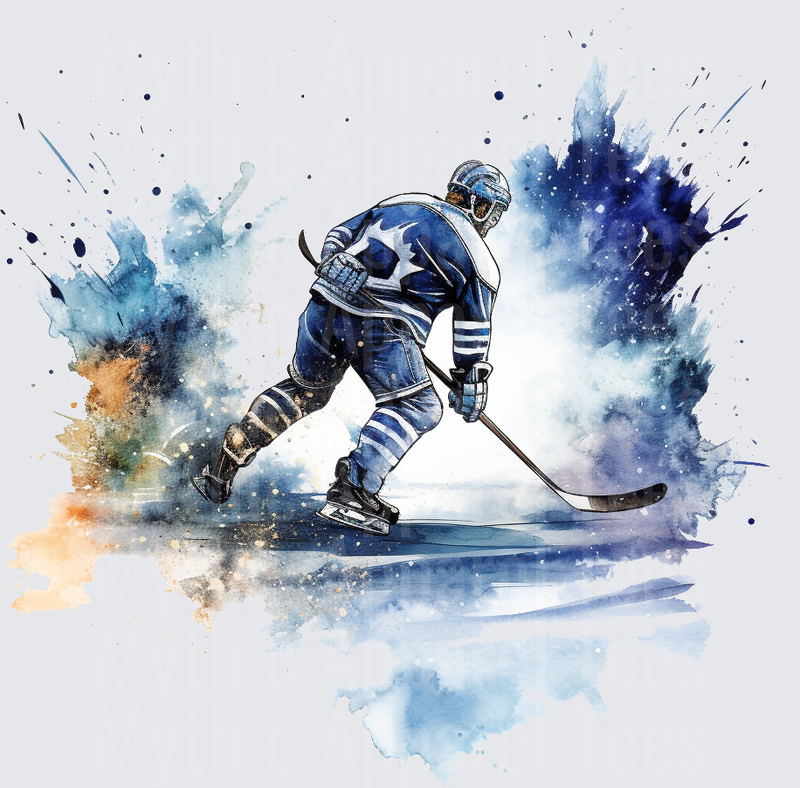 Ice Hockey Player Blue Jersey Watercolor Splash Art