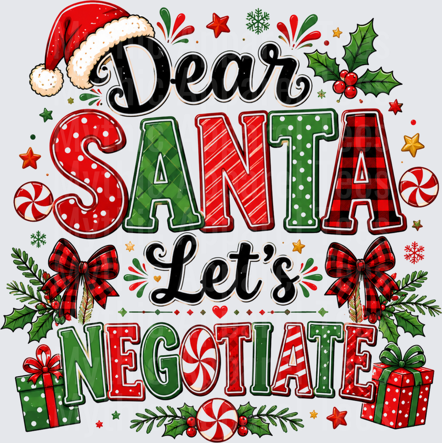 Dear Santa Let's Negotiate Festive Holiday Typography with Buffalo Plaid Bows Candy Canes and Gift Boxes