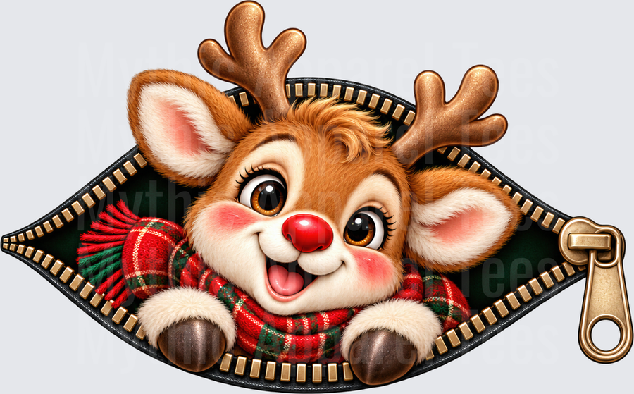 Cute Rudolph Red-Nosed Reindeer Peeking Through Zipper Opening with Plaid Christmas Scarf