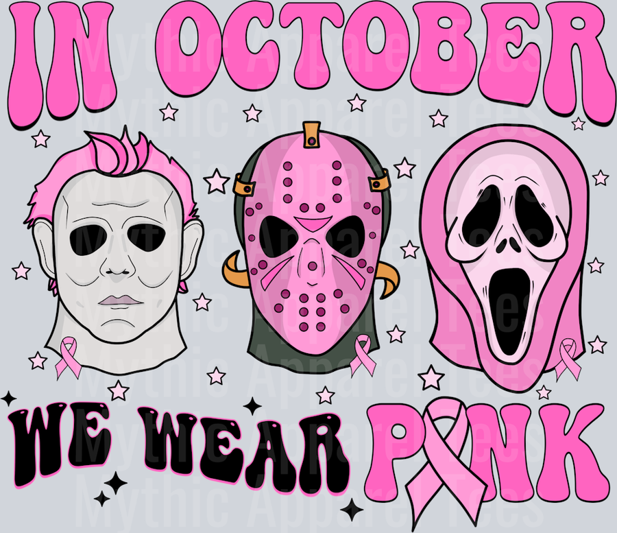 In October We Wear Pink Breast Cancer Awareness Horror Movie Characters Jason Scream and Michael 2