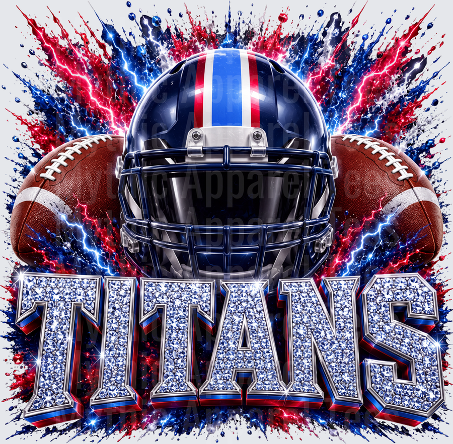 Rhinestone Style NFL Tennessee Titans Navy Blue Helmet Lightning Bolt Paint Splash with Diamond Bedazzled Bold Text Football Design