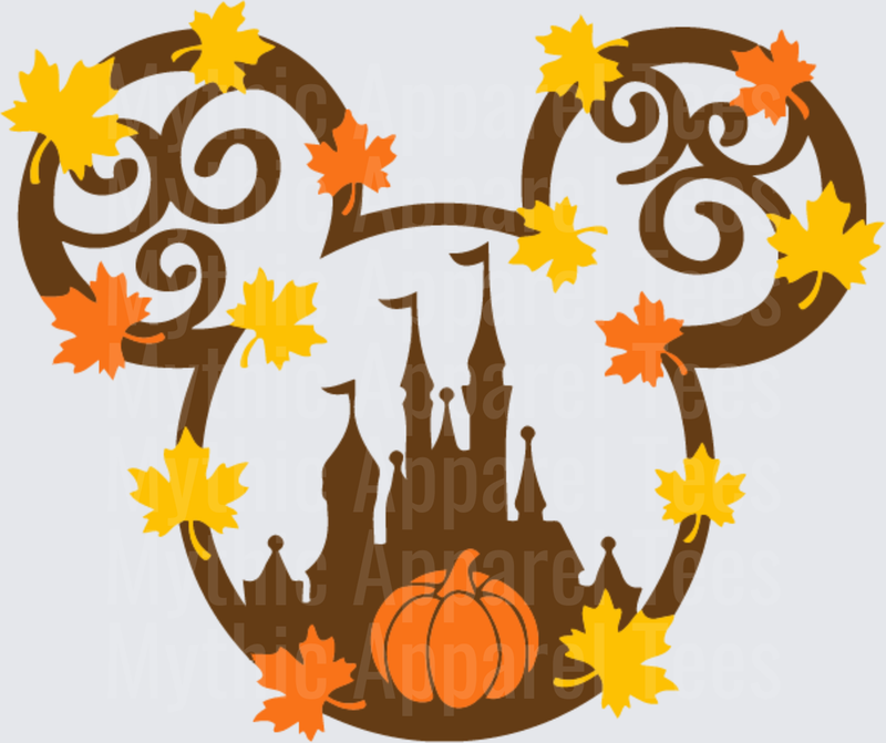 Disney Fall and Thanksgiving Mickey Mouse Silhouette Castle Pumpkin Autumn Leaves
