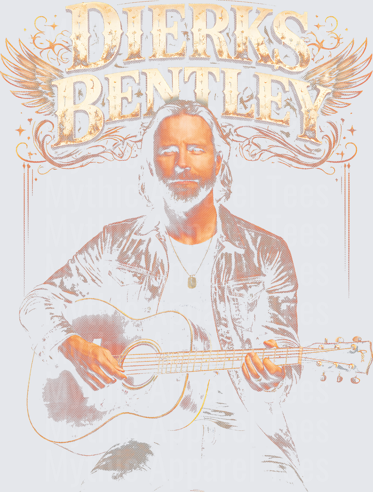 Dierks Bentley Acoustic Guitar Halftone Portrait with Wings and Ornate Logo Graphic