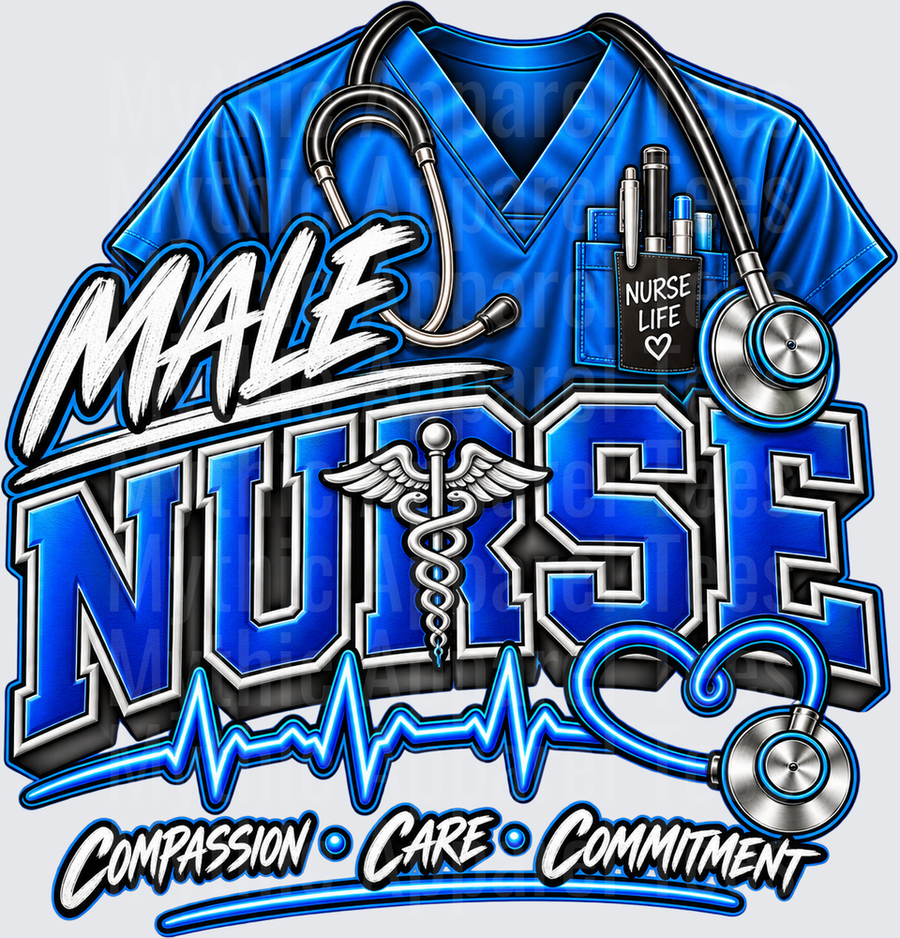 Male Nurse Blue Scrubs Stethoscope Caduceus Heartbeat Compassion Care Commitment