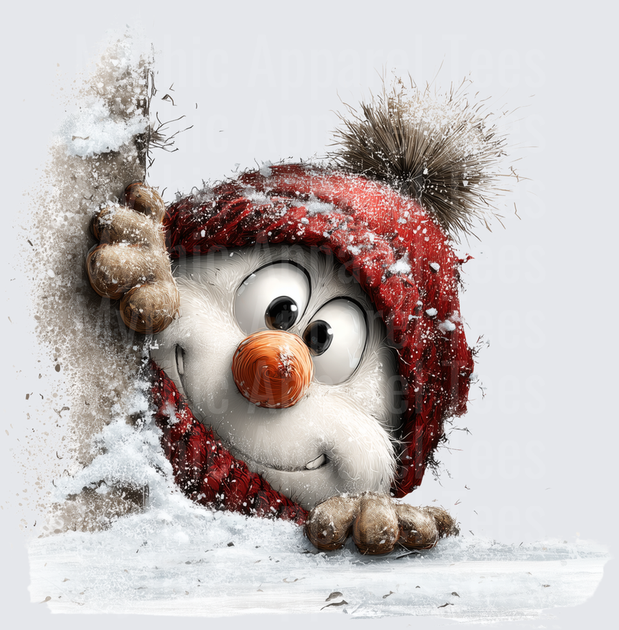 Cheeky Snowman Peeking Around Corner in Red Knit Hat with Pom Pom and Scarf Winter Snow Splash