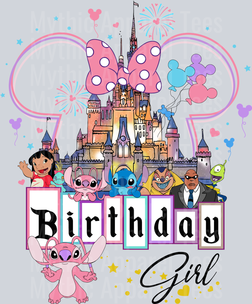 Birthday Girl Pink ears Castle with Angel DTF Lilo and Stitch Transfers