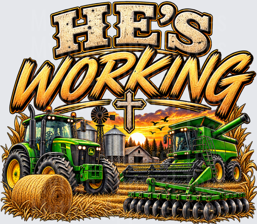 Tractors He's Working Green Farm Tractor Combine Harvester Sunset Cross Hay Bale Farm Scene