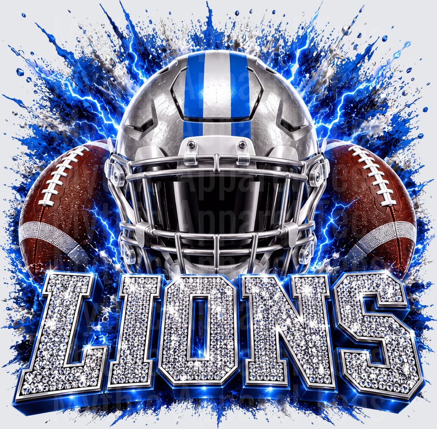 Rhinestone Style NFL Lions Silver and Blue Football Helmet with Diamond Encrusted Bold Text and Electric Lightning Splash