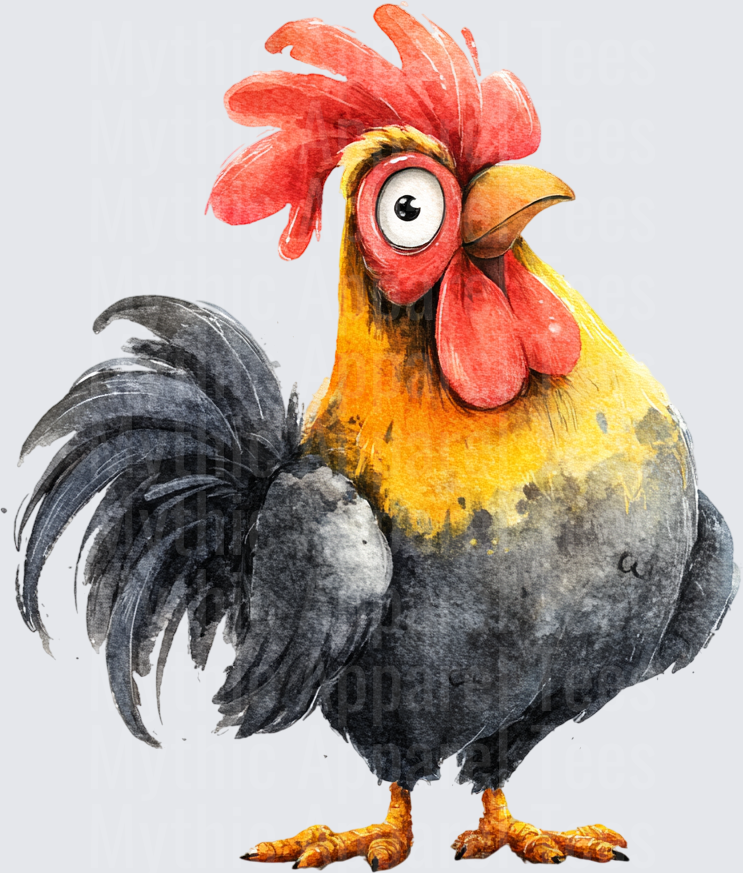 Crazy Eyed Rooster Watercolor Cartoon Chicken with Red Comb and Dark Feathers