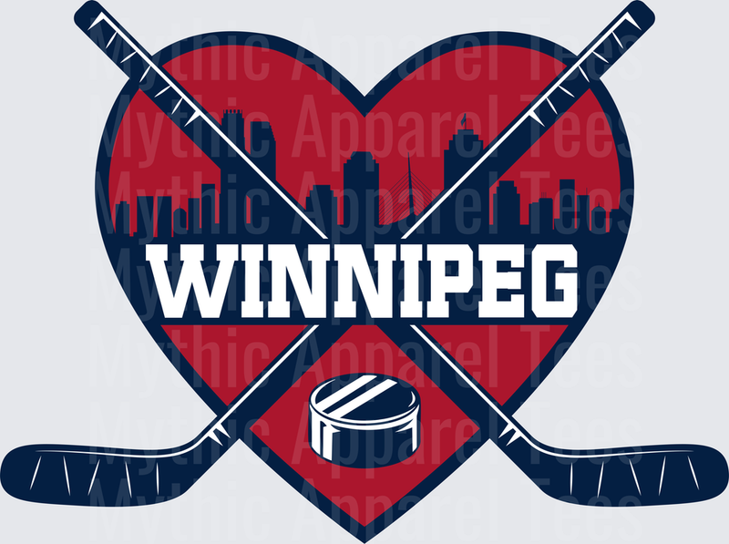 NHL Teams Winnipeg Jets Heart Skyline Crossed Hockey Sticks Puck
