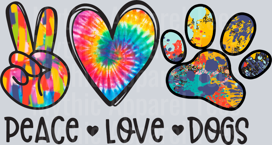 Peace Love Dogs tie dye colors peace sign and heart DTF Dog Transfers
