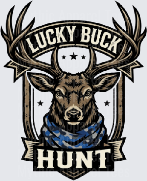 Lucky Buck Hunt Deer Head with Camo Bandana Badge Logo