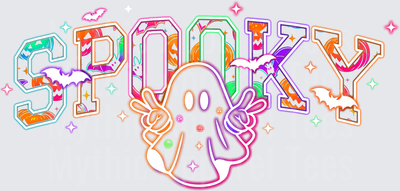 Halloween Spooky Varsity Letter Design with Cute Ghost Throwing Peace Signs Bats Pumpkins and Colorful Neon Glow Effects