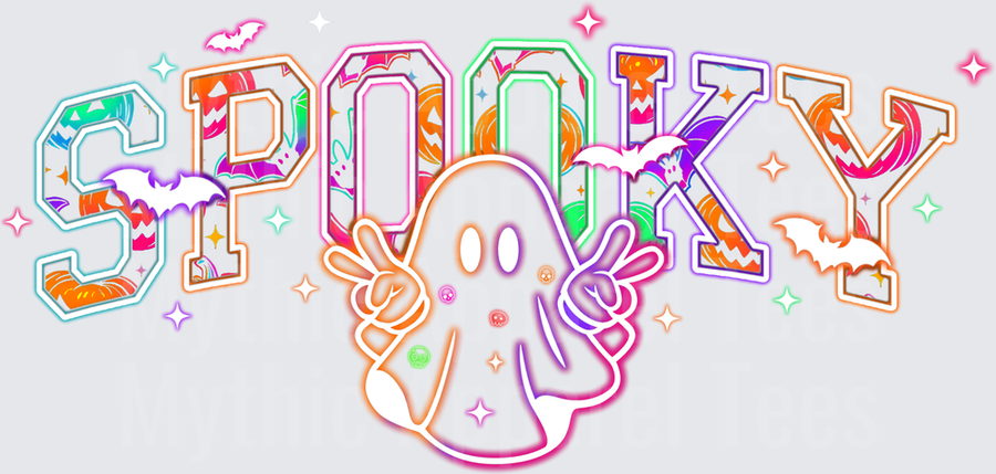 Halloween Spooky Varsity Letter Design with Cute Ghost Throwing Peace Signs Bats Pumpkins and Colorful Neon Glow Effects