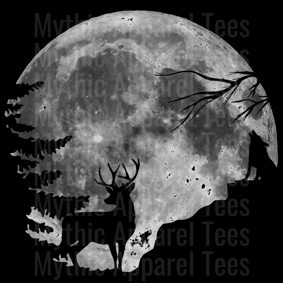Black and White Full Moon Silhouette with Howling Wolf Buck Deer and Bare Tree Branches Wilderness Night Scene