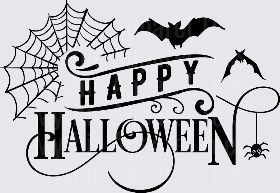 Happy Halloween Black Silhouette Typography with Flying Bats Spider Web and Hanging Spider