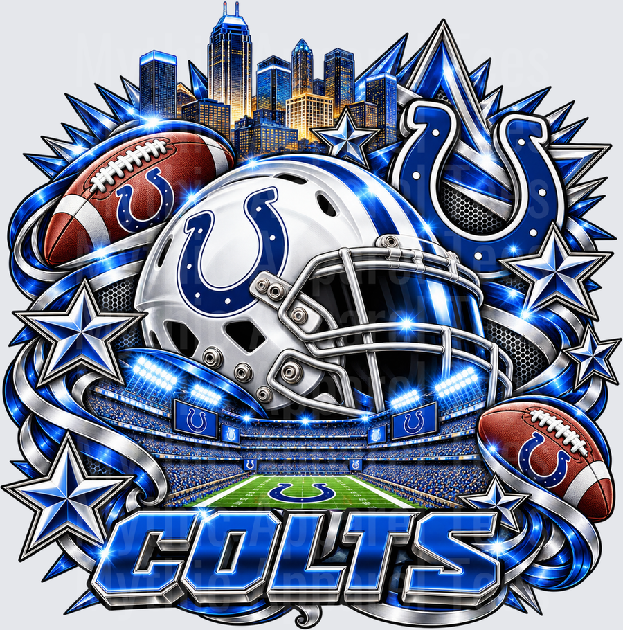 Indianapolis Colts Blue and Silver Helmet Stadium Skyline Bold Fan Design with Stars and Footballs