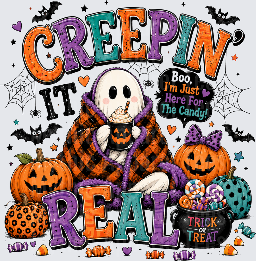 Creepin It Real Cute Ghost Wrapped In Buffalo Plaid Blanket Holding Jack O Lantern Cup Boo I'm Just Here For The Candy Trick Or Treat Halloween