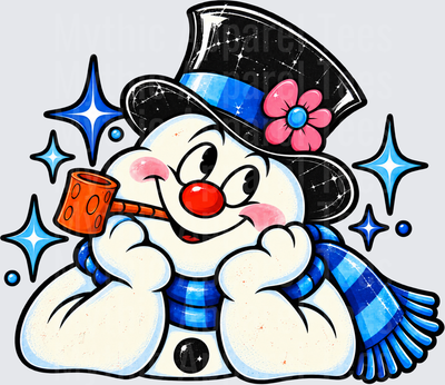 Frosty the Snowman Relaxing Pose with Corncob Pipe Black Top Hat Pink Flower Blue Plaid Scarf Sparkle Stars