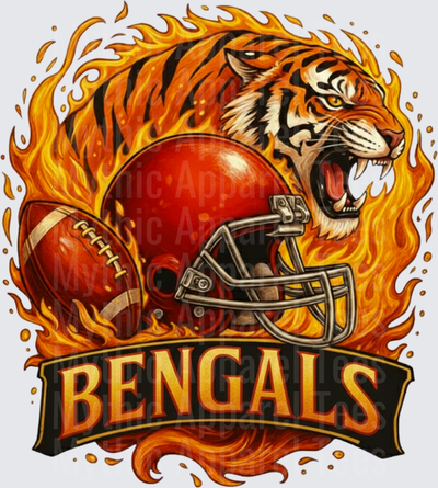 Bengals Fierce Roaring Tiger Football Helmet and Ball Engulfed in Flames Banner Design