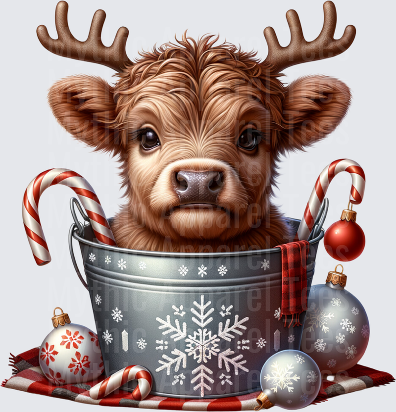 Highland Christmas Cow Reindeer Antlers Galvanized Bucket