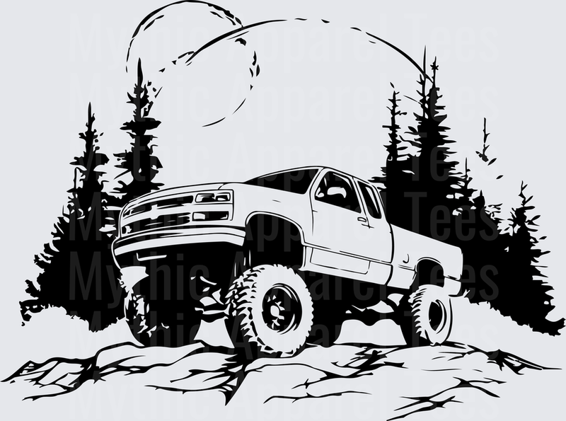 Off Road Jeep Lifted OBS Chevy Truck Rocky Trail Pine Trees Moon