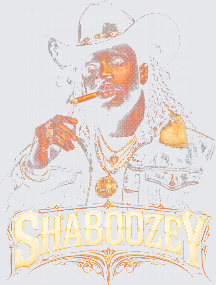 Shaboozey Cowboy Hat Cigar Gold Chain Portrait Vintage Western Halftone Graphic