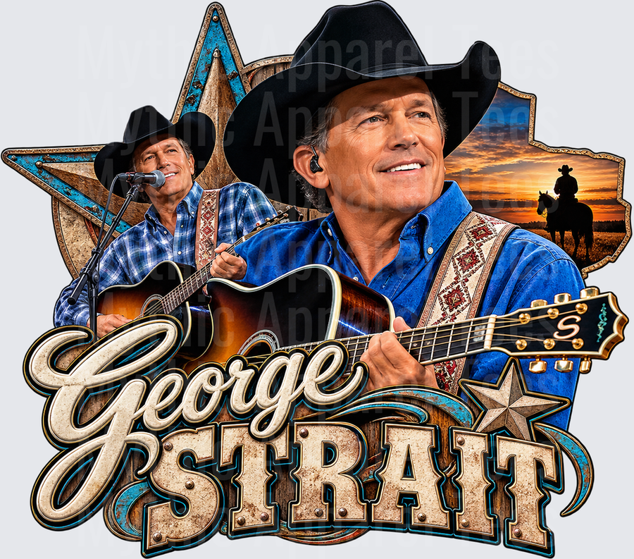 George Strait King of Country Cowboy Hat Guitar Turquoise Star Sunset Silhouette Tribute Fan Design