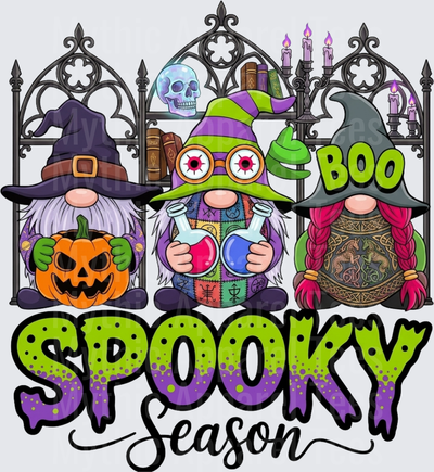 Three Halloween Witch Gnomes Spooky Season Boo with Jack-O-Lantern Potion Bottles and Gothic Arch