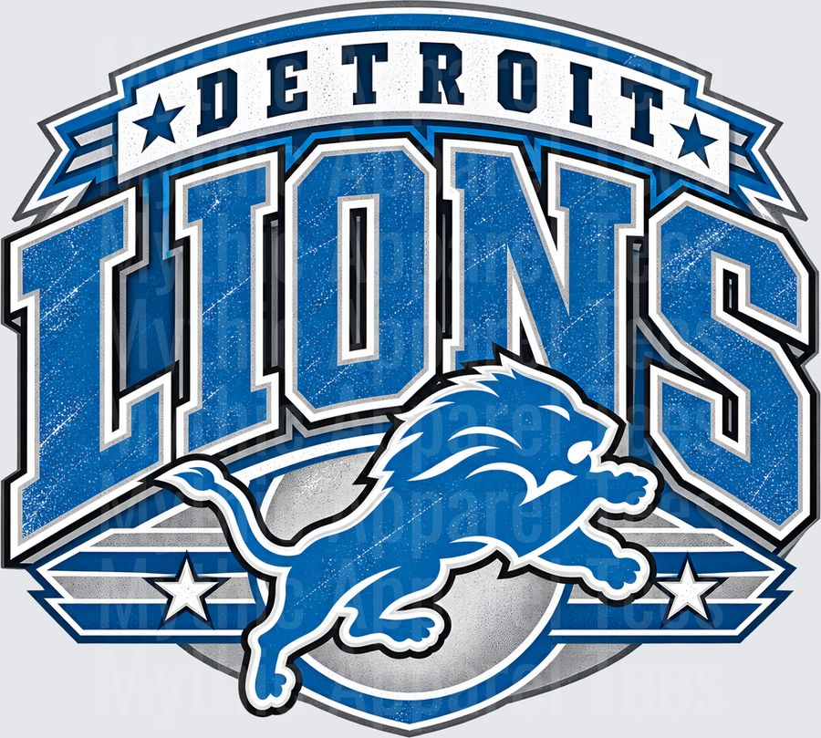 Detroit Lions Bold Arch Logo with Running Lion and Stars in Blue Silver and White Distressed Design
