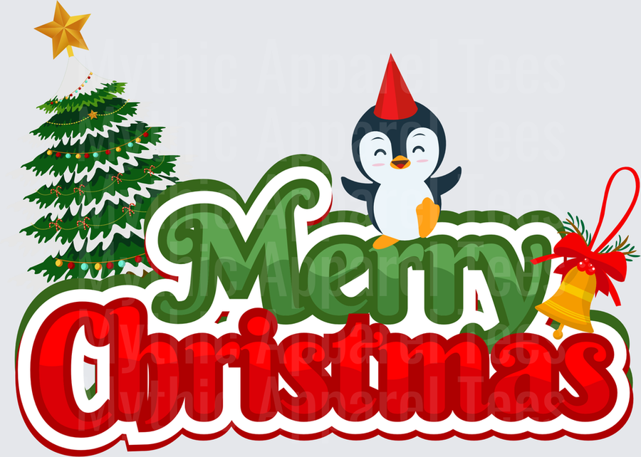Merry Christmas Cute Penguin with Party Hat Christmas Tree and Gold Bell Holiday Festive Design