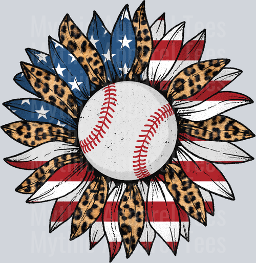 Baseball sunflower with woven cheetah prints flower american USA patriotic DTF Baseball Transfers
