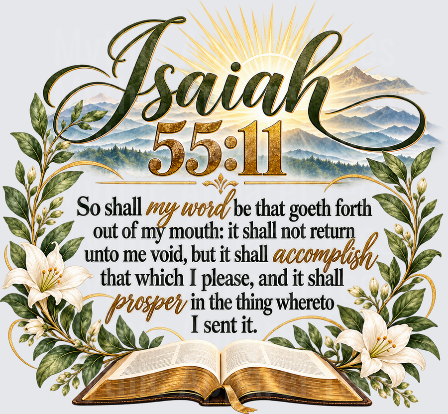 Faith Isaiah 55:11 So Shall My Word Be Scripture Verse Open Bible Sunburst Mountain Landscape White Lily Floral Border
