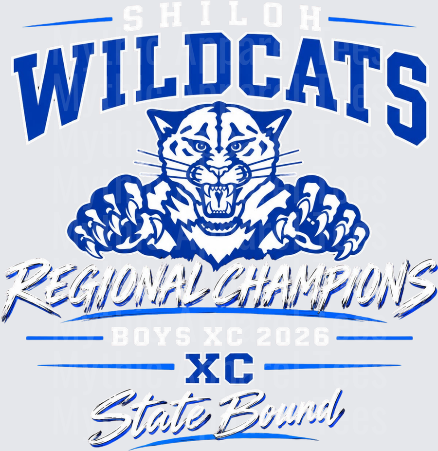 Wildcats Regional Champions XC State Bound Fierce Wildcat Mascot Blue and White Cross Country Championship Design