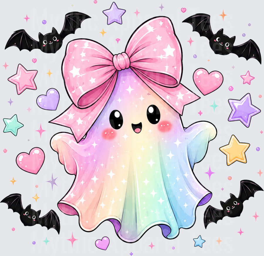 Kawaii Pastel Rainbow Ghost with Pink Coquette Bow Cute Bats Hearts and Stars Halloween