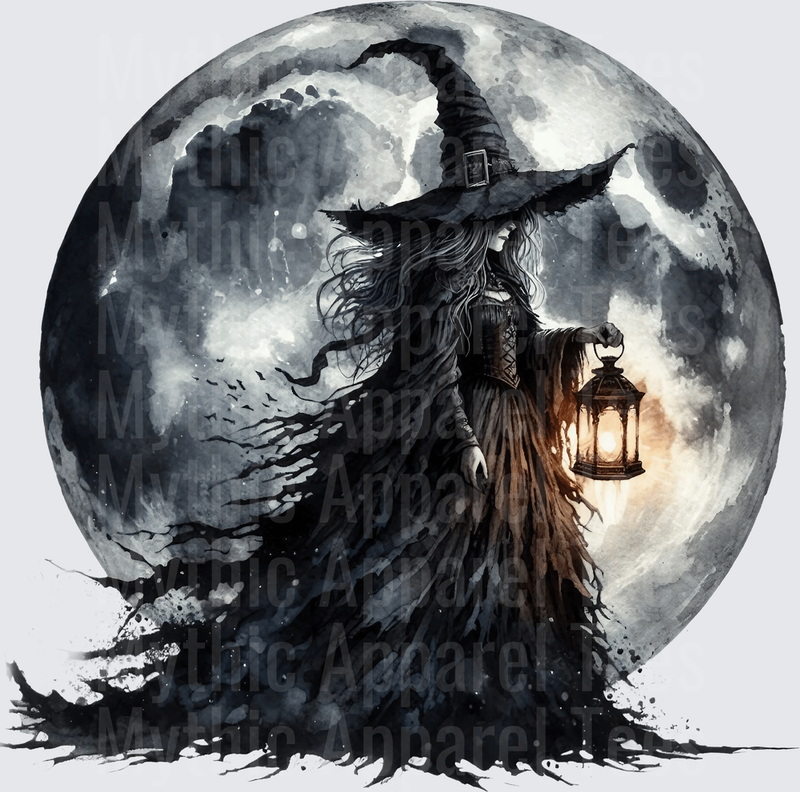Halloween Gothic Witches Lantern Full Moon Dark Watercolor