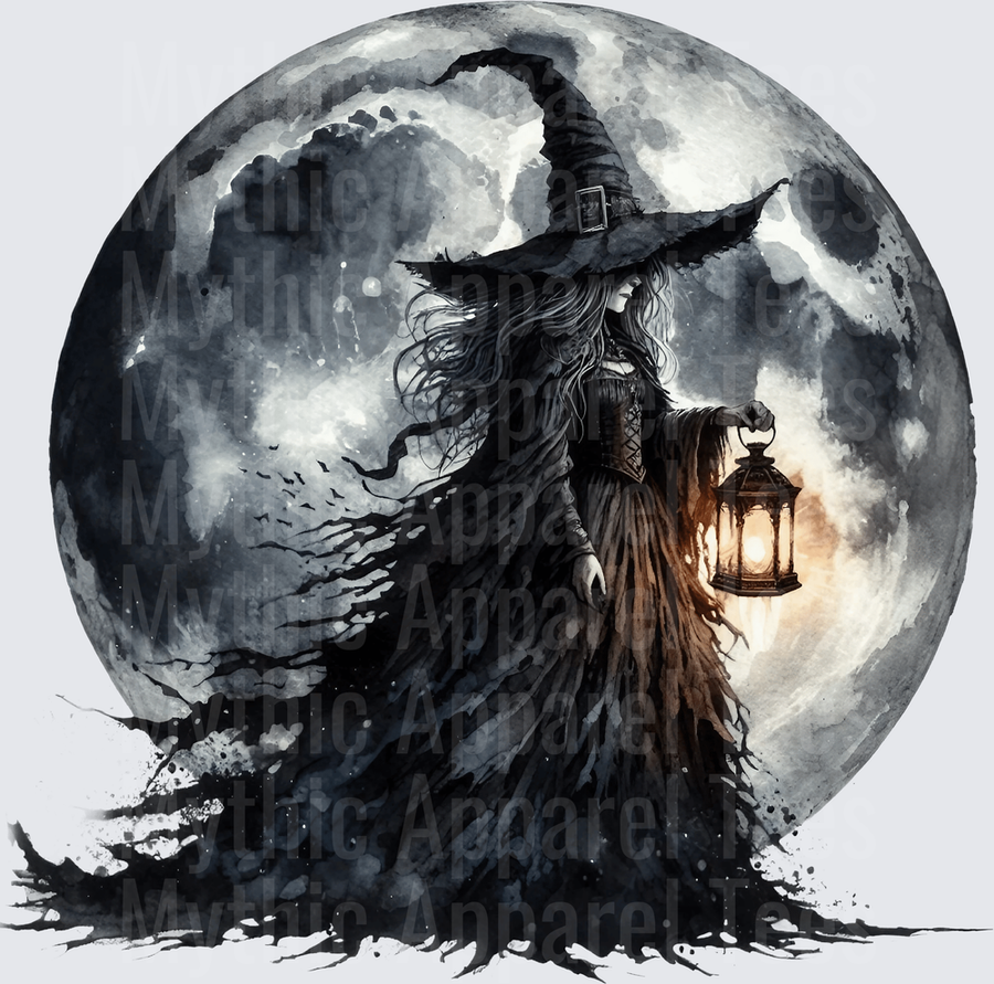 Halloween Gothic Witches Lantern Full Moon Dark Watercolor