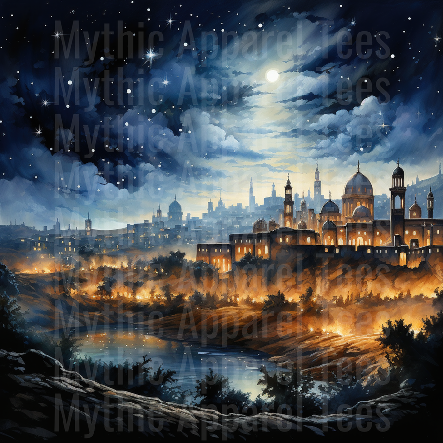 Nativity Ancient Holy City Glowing Under Moonlit Starry Sky