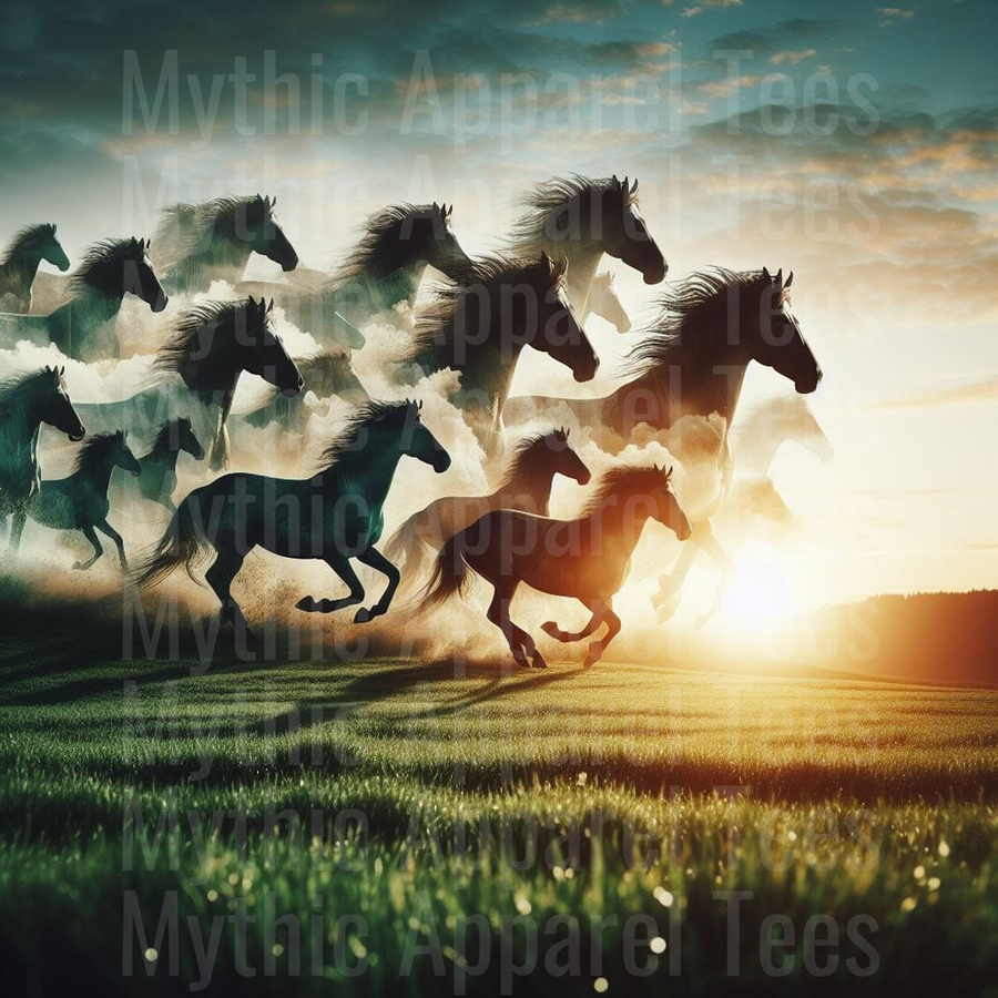 Wild Mustang Herd Galloping Across Green Fields at Golden Sunset with Dramatic Dust Clouds